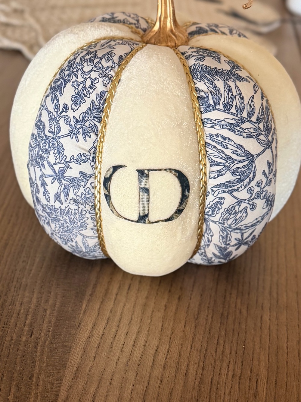 Upcycled Christian Dior Cream and Blue Decorative pumpkin